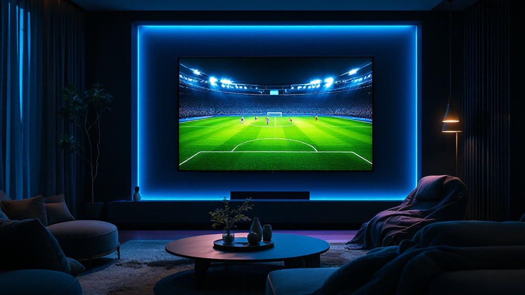 Smart TV de parede em sala escura exibindo jogo de futebol ao vivo